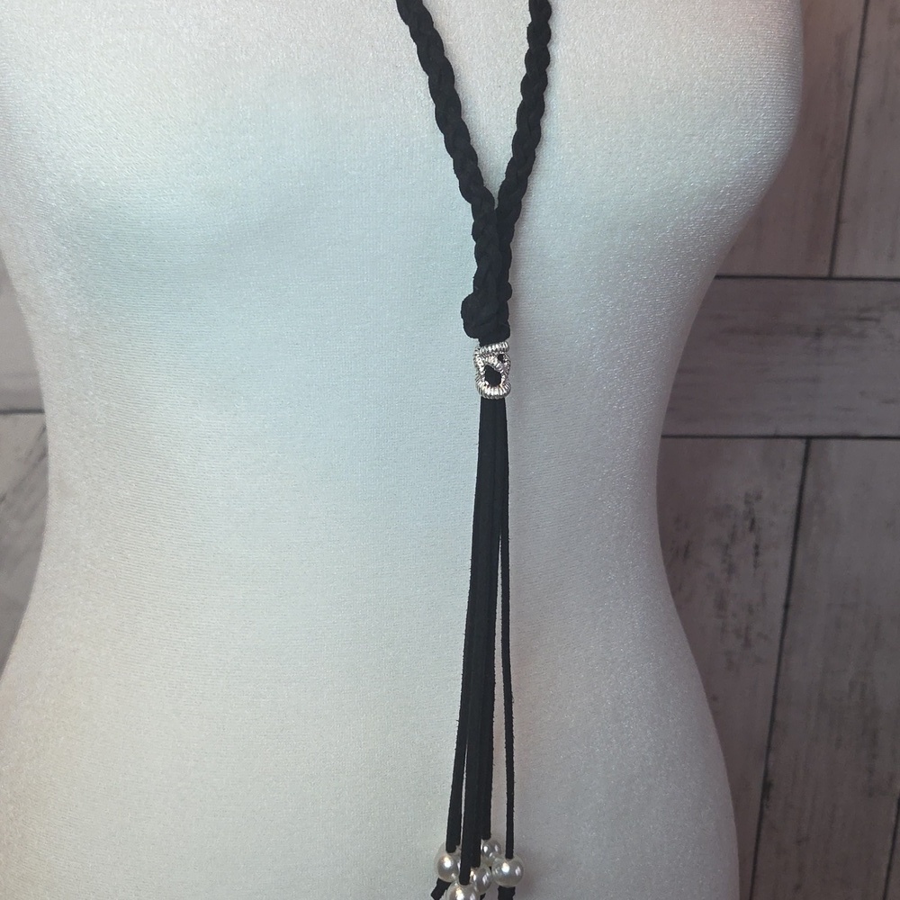 Plunder Black Tassel Necklace with Pearl Accents